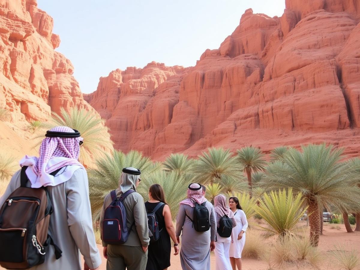مجموعة زوار مع مرشد محلي في وادي نخيل بالمملكة