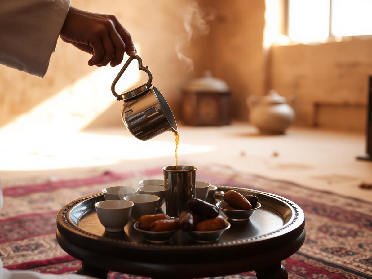 ضيافة سعودية: صب القهوة العربية على طاولة مجلس تقليدي